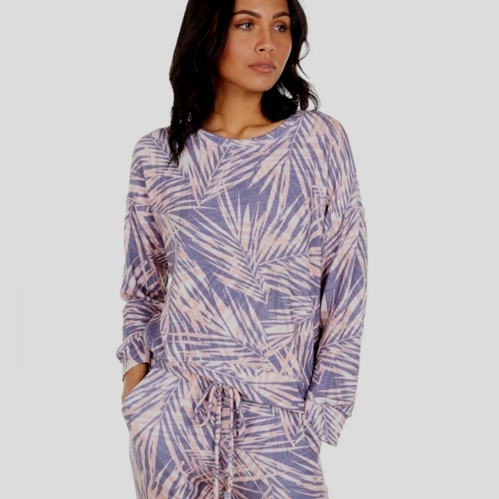 Sundry, Palms‎ Cozy Lightweight Pullover, Blue/Grey/Pink Peach, Size S - NWT!